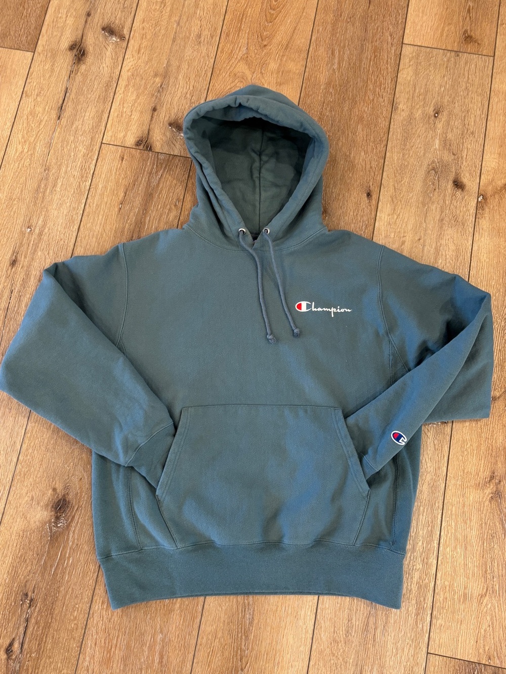 VTG Champion Reverse Weave Light Green Hoodie Sweatshirt Medium Spellout Logo 90